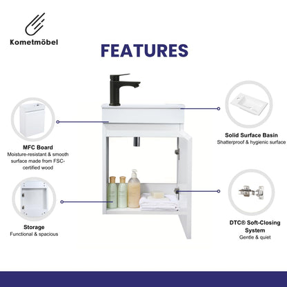Kometmöbel 400mm Wall Hung Cloakroom Vanity Unit with Basin - Compact Slimline Bathroom Storage Cabinet Pre-Assembled (White 40cm, Excl. Waste & Tap)