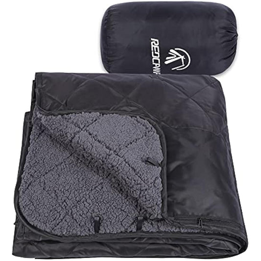 REDCAMP Large Waterproof Camping Blanket Thermal with Sherpa Lining, 200x200 cm Windproof Outdoor Blanket for Cold Weather Winter Stadium Travel Sports,Washable Black