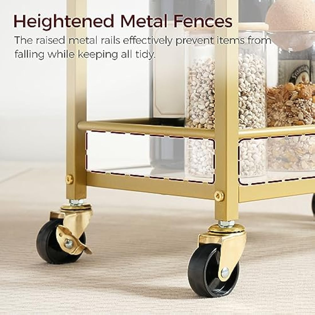 MAHANCRIS 3 Tier Bar Cart for Home, Kitchen Storage Island Serving Cart on Wheels, Tempered Glass Trolley, Rolling Beverage Cart for Bar, Dining Room, Gold ARCJ40B01