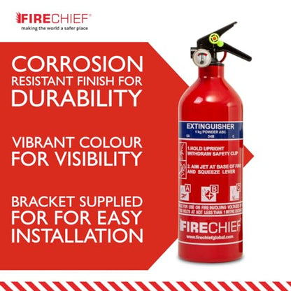 Multi Purpose Powder Fire Extinguisher – Ready to Use in Seconds – 1kg ABC Fire Extinguisher for Home & Kitchen Use – 5 Year Guarantee – Firechief Travel Extinguisher for Cars, Campervans & Caravans