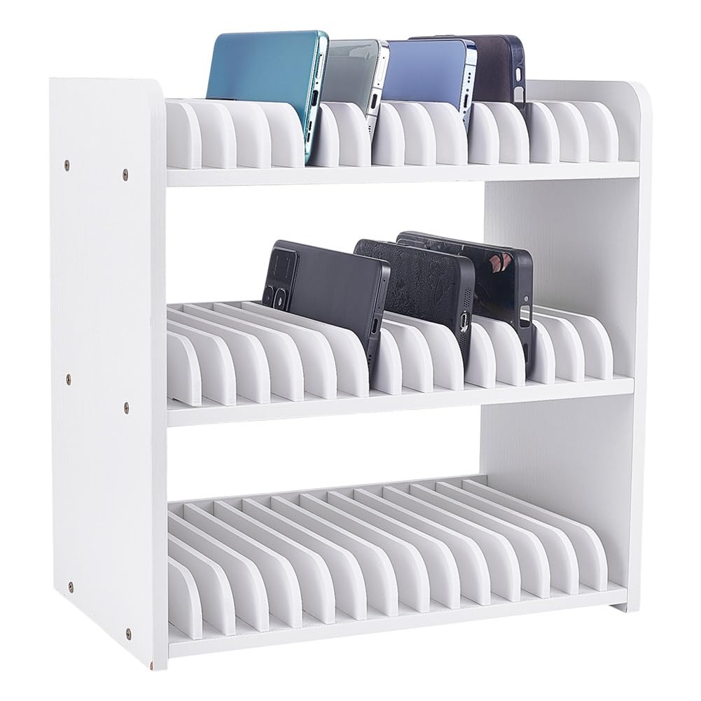 UNICRAFTALE 3-Tier White Wooden Phones Storage 45-Grid Classroom Cell Phone Holder Mobile Phone Desktop Organizer Storages Box Adjustable Multiple
