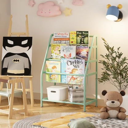 Huhote Children Kids Bookshelf, Small Bookcase, Kids Book Rack, Book and Toy Storage Organizer Display Stands Shelf for Small Place Living Room Study Children's Room (Green)