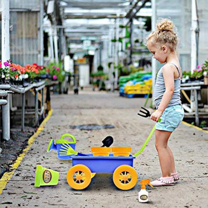 Delex Pull along Kids Wagon Wheelbarrow and Gardening, Beach and Tools Play Set With Water Pail and Spray Includes 10 Accessories and 4 Plant Pots