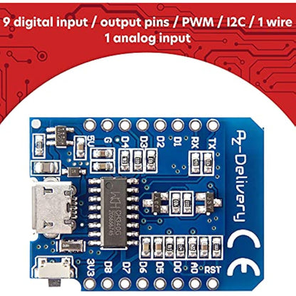 AZDelivery 5 x D1 Mini NodeMcu WiFi Board ESP8266-12F CH340G WLAN ESP8266 Micro USB Lua Module 3.3V 500mA compatible with Arduino Including E-Book!