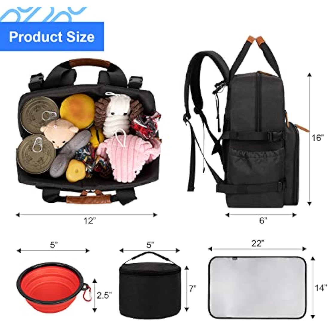 Modoker Dog Travel Bag, Airline Approved Backpack for Pet Accessories Organizer, Tote Weekend Bag with 2 Dog Food Storage Containers, 2 Collapsible Dog Bowls, 1 Pet Mat, Black