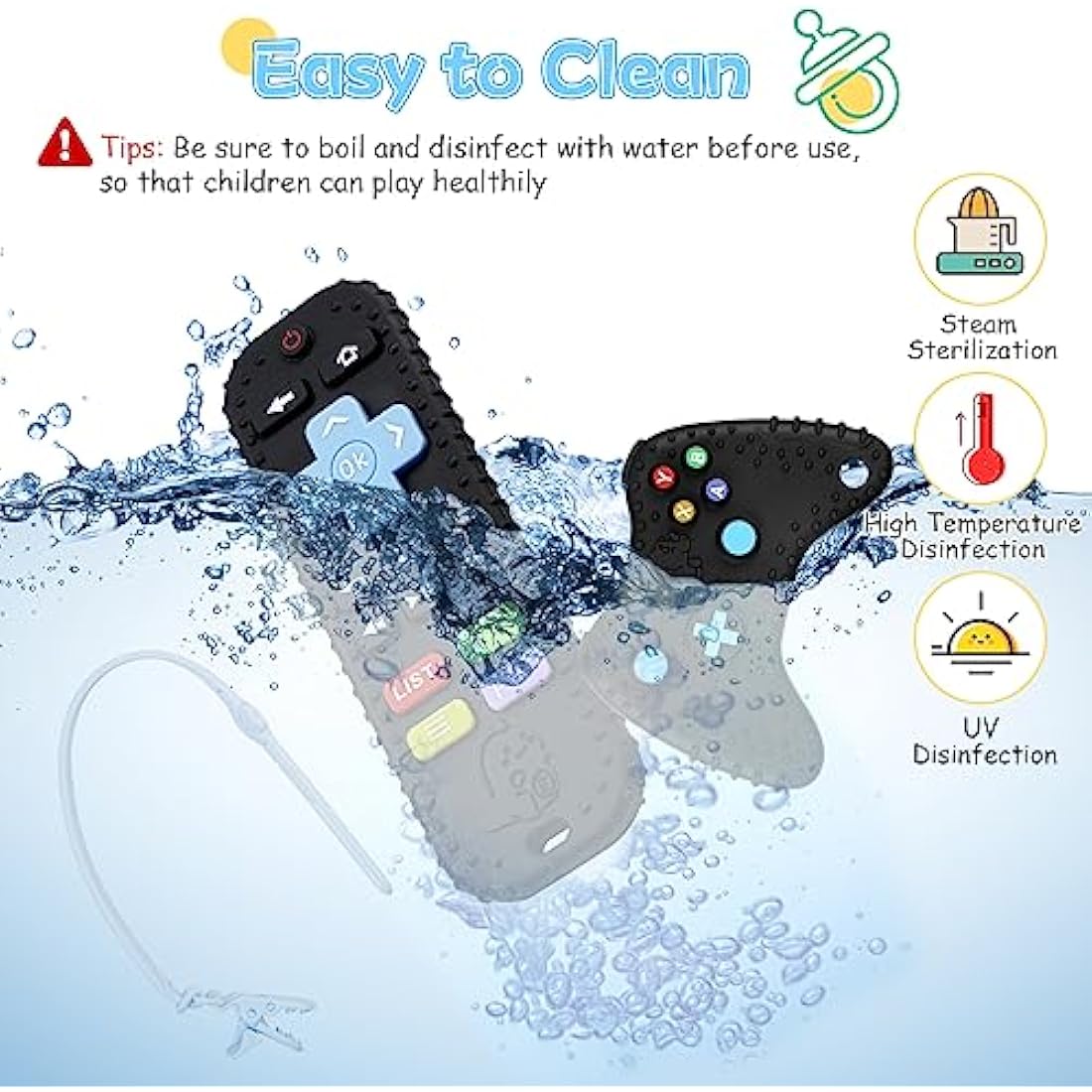 Tikplus Baby Teething Toys, Baby Remote Control & Game Controller Teething with Baby Dummy Chain, BPA-Free Silicone Teething Aid Baby Teether Relief for 0-6 Months