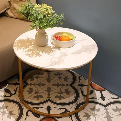 Huhote Round Coffee Tables, Set of 2 End Table, Nesting Tables, Side Table with Metal Frame for Living Room/Bedroom/Balcony/Office/Apartment, Diameter 23.6/15.7 IN (Gold Frame, White Marble Top)