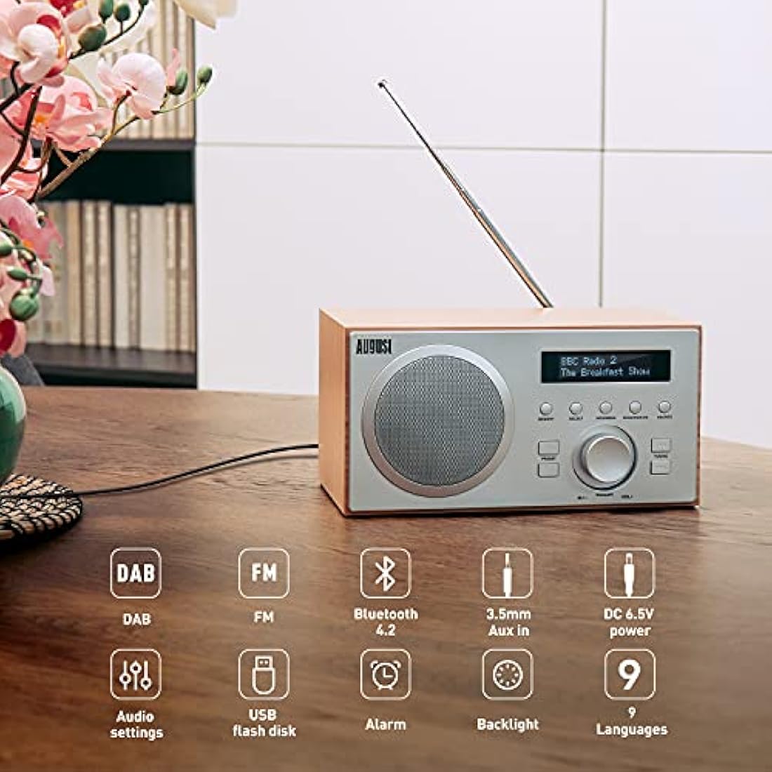 August MB420 DAB+ Radio with Bluetooth Speaker – Digital DAB & FM Radio with 30 Station Presets, Dual Alarm Clock, Sleep Timer, 5W Bass Reflex Stereo Speakers, Aux/USB/Mains Power, LCD Display – Oak