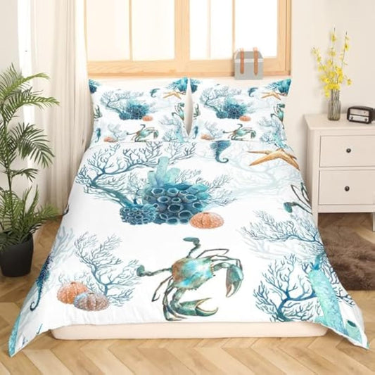 Ocean Bedding Sets King Sea Marine Comforter Cover, Watercolor Animal Bed Set Sea Horse Crab Duvet Cover, Starfish Coral Quilt Cover Kids Underwater Theme Bedroom Decor 3pcs