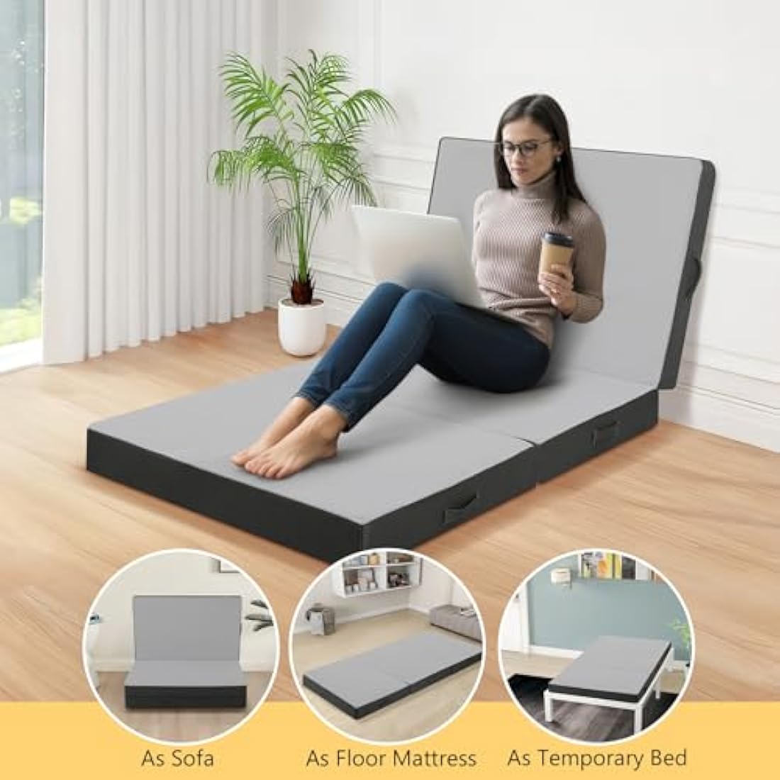 MeMoreCool Tri Fold Mattress 190x90cm, Single, 10cm Thick Foam Foldable Futon Mattress with Washable Cover, Portable Floor Guest Sleeping Mat for Travel, Camping, Grey