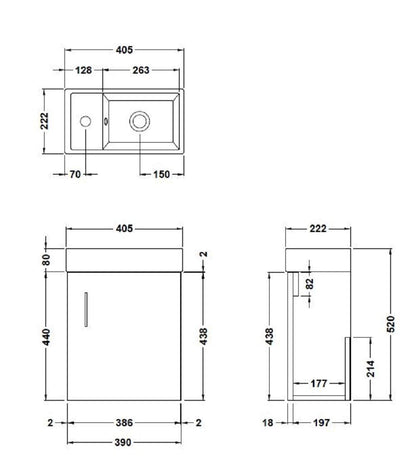 Nuie MIN010 Vault Modern Bathroom Single Soft Close Door Wall Hung Vanity Unit with 1 Tap Hole Ceramic Basin, 400mm, Woodgrain Charcoal Black