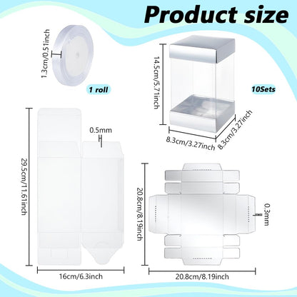 BENECREAT 10Pcs Clear Plastic Gift Box with Silver Paper Lid, Rectangle Gift Packaging Boxes with Polyester Ribbon for Birthdays