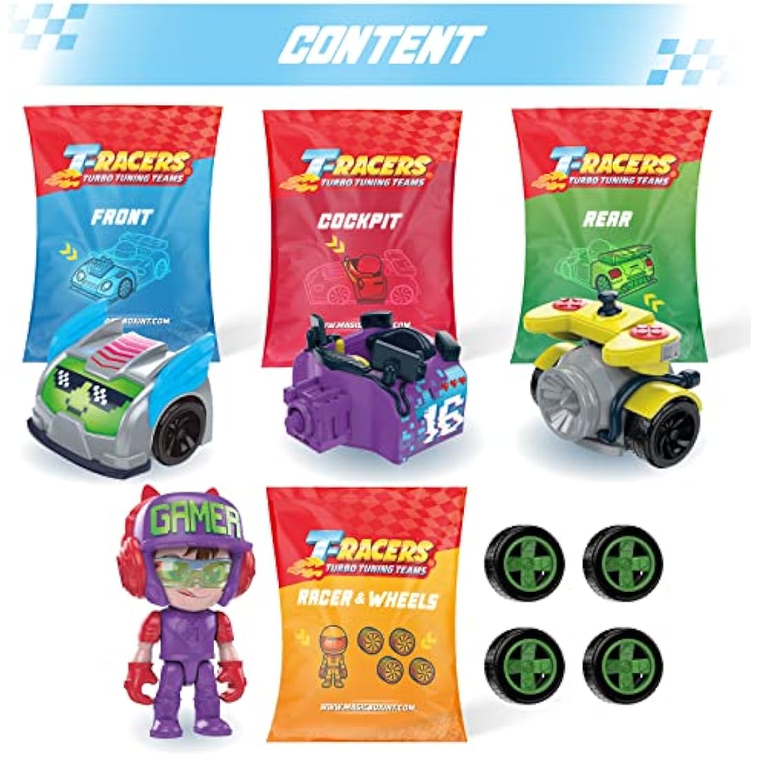 T-RACERS Glow Race Series – Collectible surprise car and driver. Car can be taken apart piece by piece, and parts are interchangeable