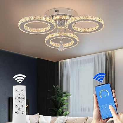 VETRULUS LED Ceiling Light Modern Dimmable with Remote Control Crystal Chandeliers Flush Mount Light Fixture for Living Room Bedroom Kitchen
