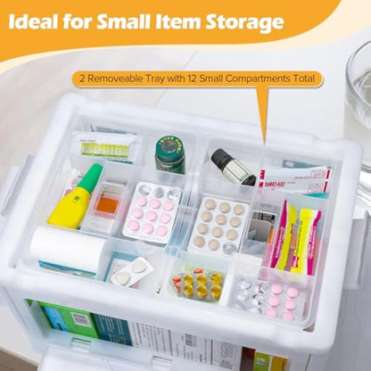 Gifhomfix Extra Large Medicine Storage Box with Handles, First Aid Box Clear Medicine Organiser with Removable Tray, Multipurpose Plastic Medication Storage Box with Wheels
