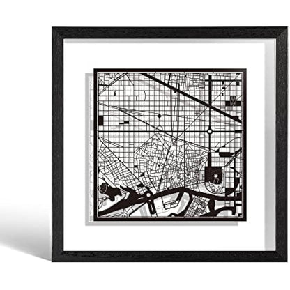 O3 DESIGN STUDIO Barcelona Marco de Papel para mapas, Black map, Black frame, 9x9 inches, Gift Boxed, 2 background color, self-changing, Paper Art