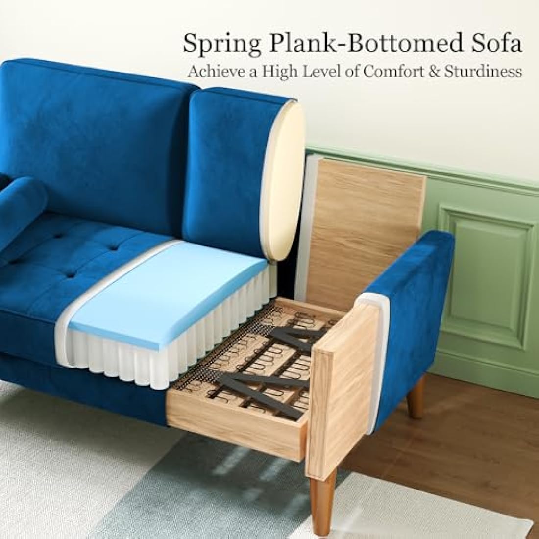 Vesgantti Small 2 Seater Sofa Blue, Comfy Sofa Couch with Spring Cushion, Velvet Sofa with Wood Legs, Modern Love Seat Sofa, Sofa 2 Seater for Living Room, Small Sofa for Bedroom, Blue Office Sofa