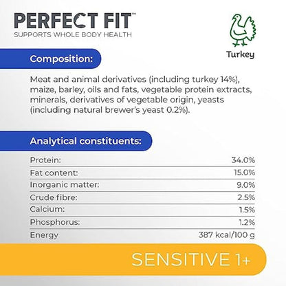 Perfect Fit Sensitive Adult 1+ Complete Dry Cat Food for Adult Cats Aged 1+ Years, Rich in Turkey, 1 Bag (7 kg)