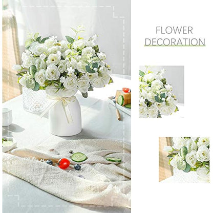 LESING Artificial Silk Rose with Vase Fake Flowers Wedding Flowers Bouquets Arrangement Home Office Party Centerpiece Table Decoration (White)