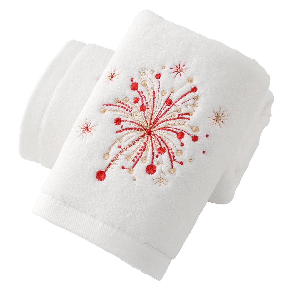sense gnosis White Hand Towel Set of 2 Premium 100% Cotton Thick Ultra Soft Highly Absorbent Luxury Fireworks Embroidered Design Hand Towels for