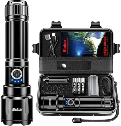 Blukar LED Torch, Super High Lumens Ultra Bright Torches - Adjustable Focus, 5000 mAh, IP67 Waterproof, Powerful Long Lasting Handheld Flashlight for Power Cuts, Camping, Hiking, Emergency etc.