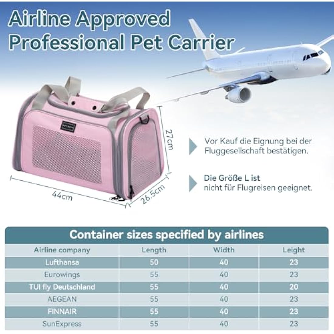 PETSFIT Cat Carrier Soft，Pink Pet Carrier with Extendable Fleece Mat, Puppy Carrier Airline Approved with Safety Leash for Pets Up to 12 Lbs (44 * 26.5 * 27CM, Pink)