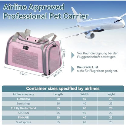 PETSFIT Cat Carrier Soft，Pink Pet Carrier with Extendable Fleece Mat, Puppy Carrier Airline Approved with Safety Leash for Pets Up to 12 Lbs (44 * 26.5 * 27CM, Pink)