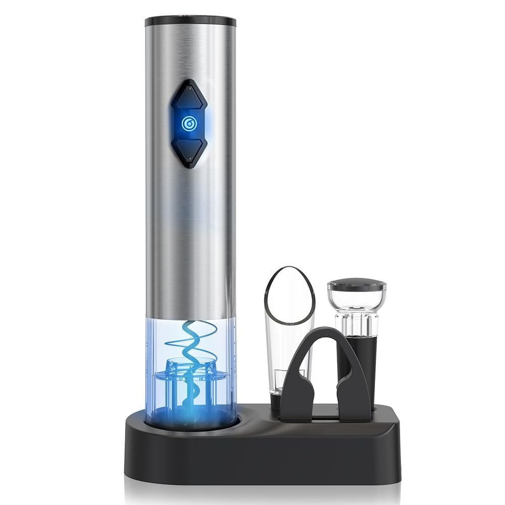 CIRCLE JOY 5-in-1 Wine Opener Set Electric Stainless Steel Automatic Bottle Opener with Storage Base, Battery Operated, Foil Cutter, Wine Aerator