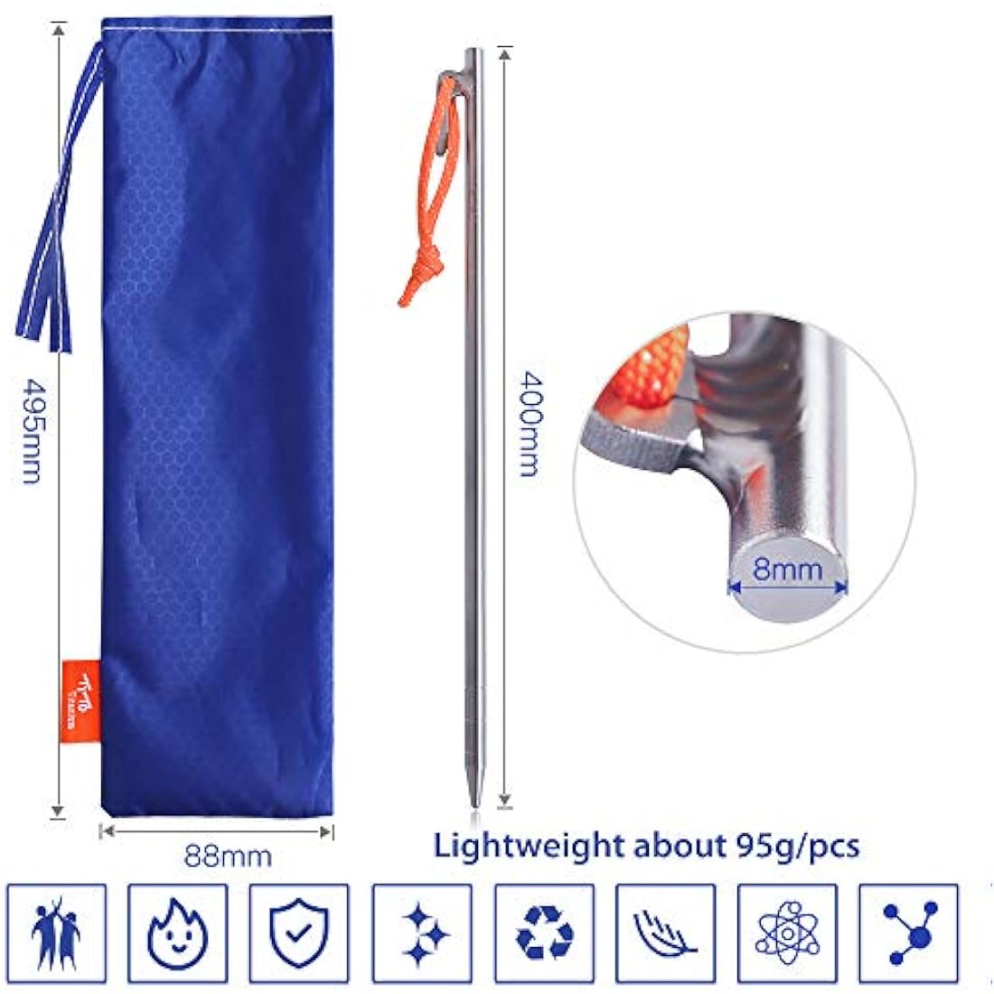 TITO High Strength Titanium alloy tent stakes Tent pegs nail pegs for canopy camping tent DIA 8mm and Length 240mm only 56G