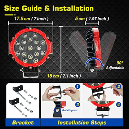 WOWLED Off Road Work Lights, 2 Pcs 7" 51W Round LED Driving Work Light Headlight, Red 7 Inch 4x4 Spot Lights 12V 24V Work Lamp for Offroad Driving SUV 4WD ATV Truck Tractor Boat Car