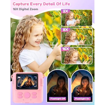 YORKOO Kids Instant Camera with Photo Paper, 1080P HD Digital Camera for Girls, Creative Gift for Children Age 4-10, Video Recorder, 32GB SD Card - Pink
