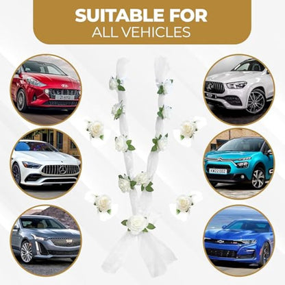 Nueva Vida Wedding Car Decoration, Silk Flowers for Your Wedding Car - 2 x 180 cm Garland for the Bonnet, Including 4 Door Handle Ribbons