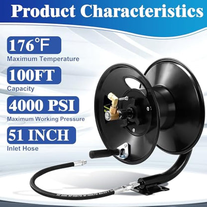 M MINGLE Pressure Washer Hose Reel 100ft, Heavy Duty Steel Hose Reel, Manual Crank Power Washer Hose Reel with Swivel Arm, 3/8" NPT