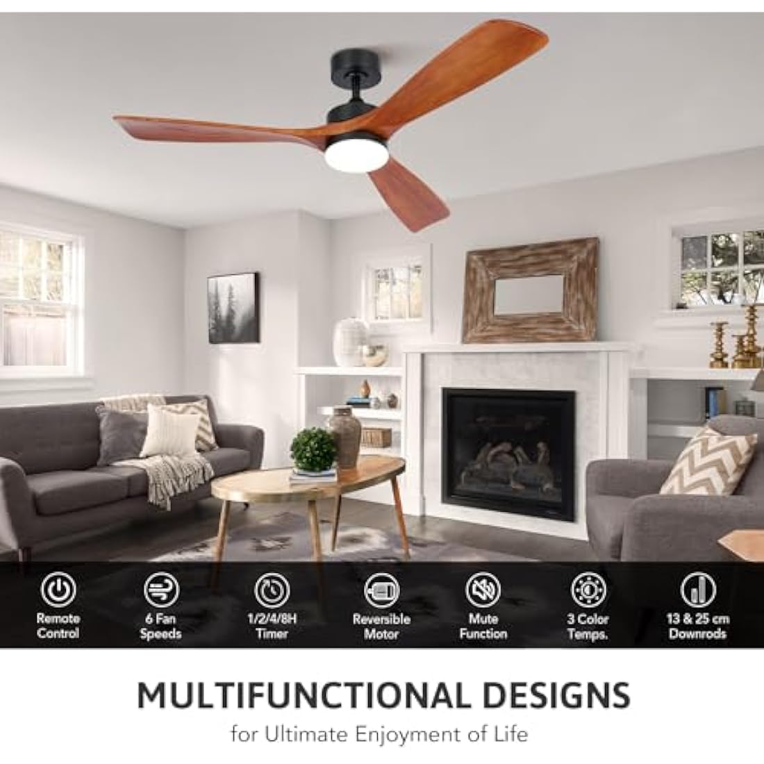 VONLUCE Ceiling Fans with Lights, 52 Inch Outdoor Ceiling Fan with Remote, 6 Speed Reversible Noiseless DC Motor, Wood Ceiling Fan for Indoor Bedroom Farmhouse Patios, Walnut