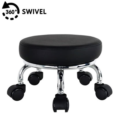 WKWKER Roller Seat PU Leather Low Round Rolling Stool Small Chair with Universal Swivel Caster Wheels for Home Office Garage Shop Fitness Sport（Black）