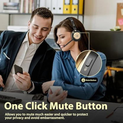 Wireless Headset, Bluetooth Headset With Microphone Noise Canceling & USB Dongle, On Ear Headphones with Charging Dock & 50hrs Working Time for Computer/Mobile Phones/Ms Teams/Skype/Zoom/Office