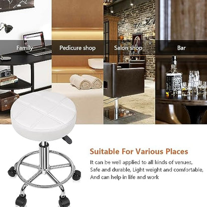 KKTONER Round Rolling Stool Chair PU Leather Height Adjustable Swivel Drafting Work SPA Shop Salon Stools with Wheels Office Chair Small (White)