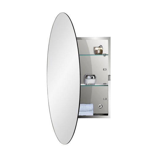 Fundin Bathroom Mirror Cabinet with Oval Mirrored Door, Adjustable Tempered Glass Shelves, Surface Mounted, 45cm W x 65cm H, Mirrored Finish