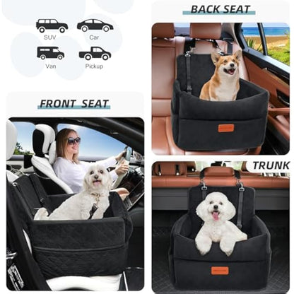 HEGGCOOE Small Dog Car Seat, Memory Foam Dog Booster Seats with Thick Cushion for Medium Dogs Under 35lbs, Detachable Washable Pet Car Seat with Storage Pockets,2 Safety Belts
