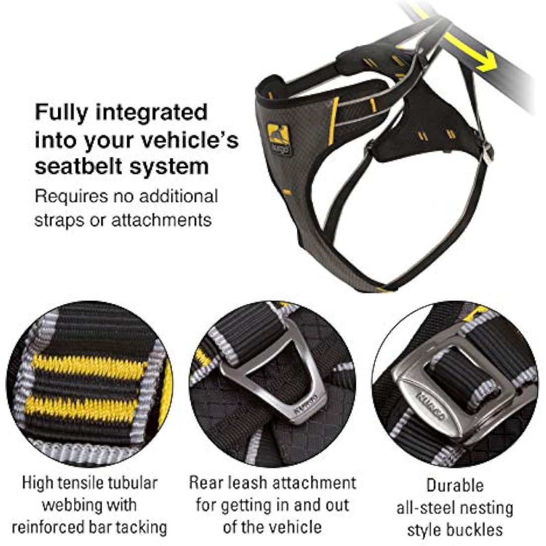 Kurgo Impact Dog Car Harness, Crash Tested, Integrates with Car Seatbelt System, Lightweight, Large-Black/Charcoal Grey
