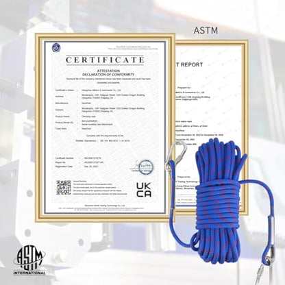 NewDoar 18KN Static Climbing Rope 10mm Accessory Cord Equipment 33FT(10M) 66FT(20M) 98FT(30M) 165FT(50M) Escape Rope with 2 Carabiners for Ice Climbing Fire Rescue Rope Safety Rope