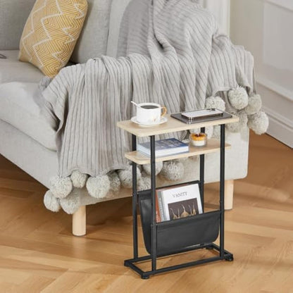 ZEXVIDA Small Side Table for Small Spaces - Slim End Table with Magazine Holder - 2 in 1 Narrow End Table Living Room - Skinny Bedside Table Nightstand Bedroom Thin Side Table (Oak)