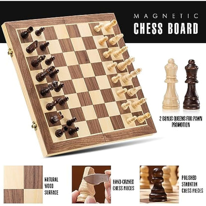 ASNEY Magnetic Chess Set, 15 Inches Tournament Staunton Wooden Chess Board Game Set with Crafted Chesspiece for Kids Adult, with Extra Kings Queens Carry Bag
