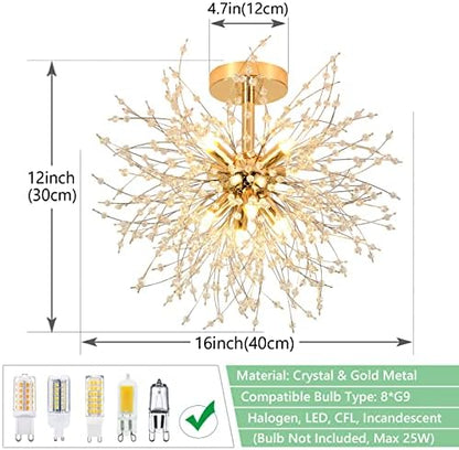 Rayofly Modern Crystal Chandeliers Ceiling Light, Firework Ceiling Lights, Gold, K9 Crystals Fireworks Pendant Lights, Metal, Chandeliers for Living Room, Bedroom, Dining Room, Hallway, Kitchen, 8 G9