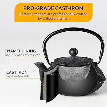 Velaze Iron Teapot set, Traditional Japanese Tetsubin Tea Kettle Cast Iron Teapot with Stainless Steel Infuser, Antique Small Dot Design, 2 Iron Cups and Trivet Stand Tray, 700ML/ 24OZ