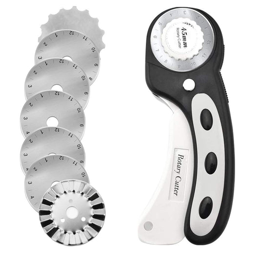 45mm Rotary Cutter with 7pcs Replacement Blades, Ergonomic Handle Rolling Cutter with Safety Lock for Fabric, Leather, Paper, Crafting, Sewing,