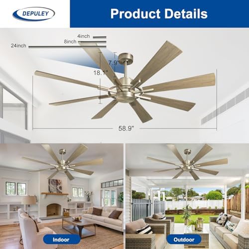 Depuley Ceiling Fan Without Light: 60 Inch Big Fan with Remote Control for Patio Porch - Grainy Fan for Indoor - Large Farmhouse Fan Reversible 8 Blade Quiet DC Motor