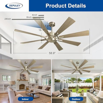 Depuley Ceiling Fan Without Light: 60 Inch Big Fan with Remote Control for Patio Porch - Grainy Fan for Indoor - Large Farmhouse Fan Reversible 8 Blade Quiet DC Motor