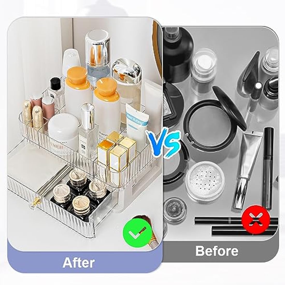 OKUYAN Clear 2-Tier Makeup Organiser Tray - Desk and Dressing Table Organizer for Skincare and Cosmetics - Acrylic Storage Box With Drawers for Vanity and Bathroom