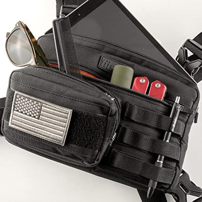 Fitdom Tactical Inspired Sports Utility Chest Pack. Chest Bag for Men with Built-in Phone Holder. This EDC Rig Pouch Vest is Perfect for Workouts, Cycling & Hiking, Black, S, Rig Fit